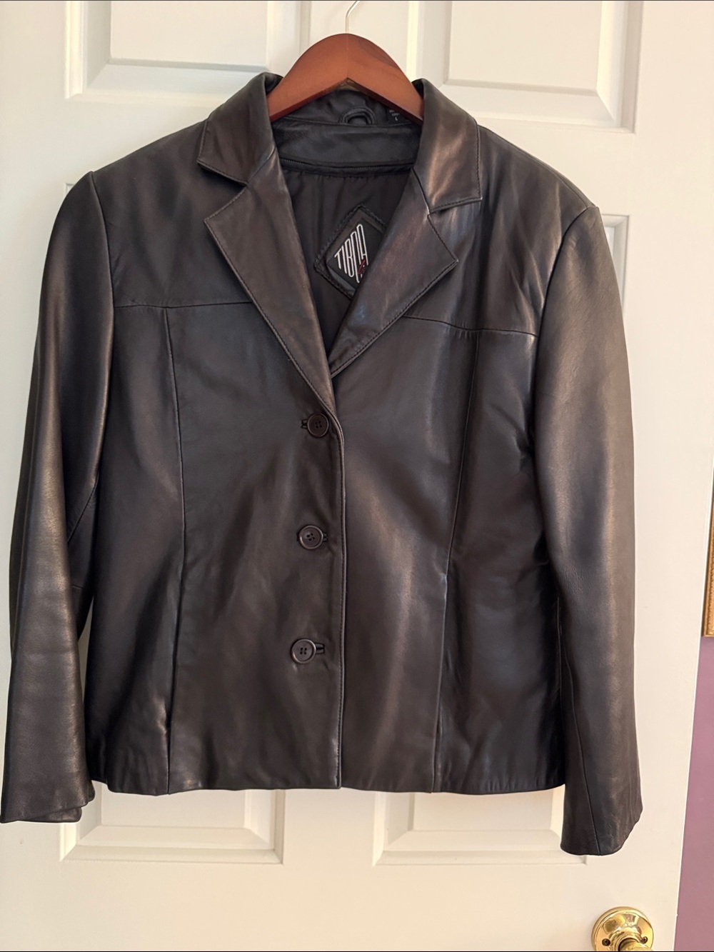 Tiboa Black Leather Button-Front Blazer Jacket